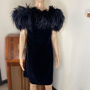 Vintage Black Velvet Dress with Feathered Collar